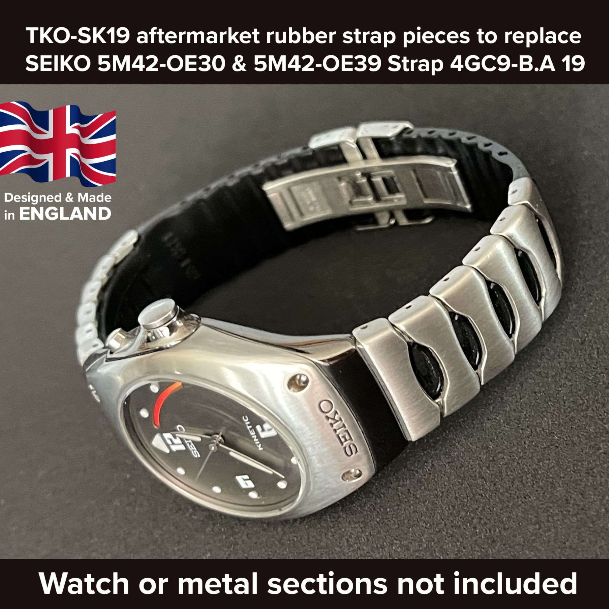 Rubber watch strap replacement for the SEIKO KINETIC ARCTURA 5M42-OE30/5M42-OE39 | 4GC9-B.A 19.