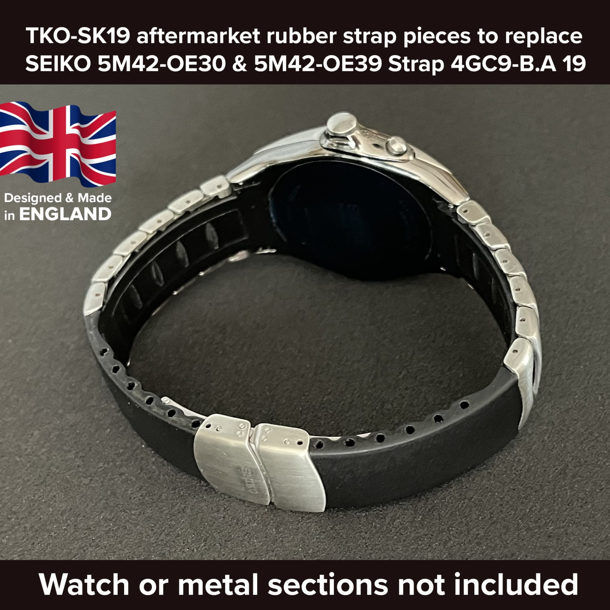 Rubber watch strap replacement for the SEIKO KINETIC ARCTURA 5M42-OE30/5M42-OE39 | 4GC9-B.A 19.